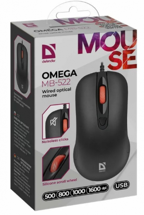 картинка Мышь проводная Defender Omega MB-522, 500-1600 dpi, черный, 52522 от магазина Альфанит в Кунгуре