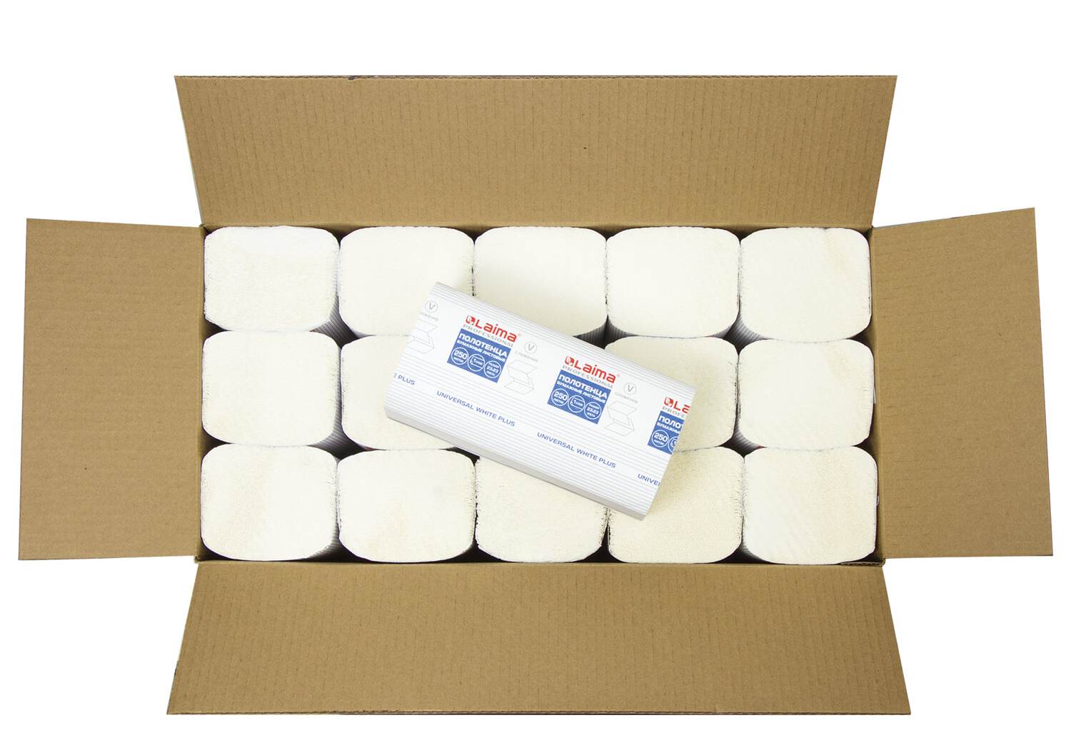 картинка Полотенца бумажные, 15*250 шт, 1 слой, цвет белый, V-сложение, "Universal white plus", LAIMA, 111343 от магазина Альфанит в Кунгуре