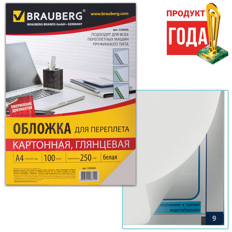 картинка Обложки для переплета 100 шт, А4, 250 г/м2, пластик, прозрачный, глянцевый, BRAUBERG, 530840 от магазина Альфанит в Кунгуре