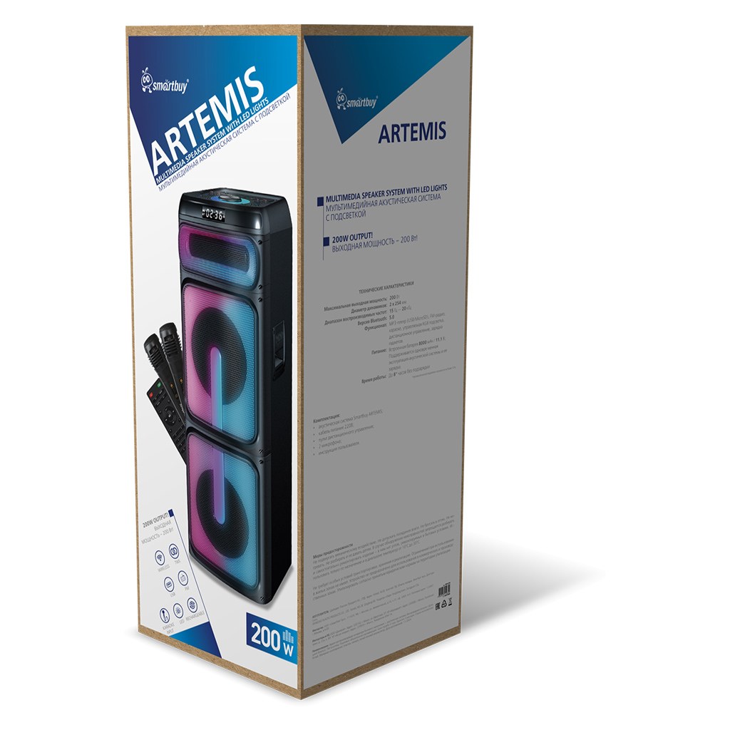 картинка Портативная колонка SmartBuy 5750 Artemis, 200Вт, 8000мАч, Bluetooth, USB, радио, microSD, AUX, черный, SBS-5750 от магазина Альфанит в Кунгуре