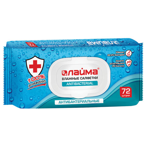 картинка Салфетки влажные, 72 шт, крышка-клапан, "Antibacterial", LAIMA, 129997 от магазина Альфанит в Кунгуре