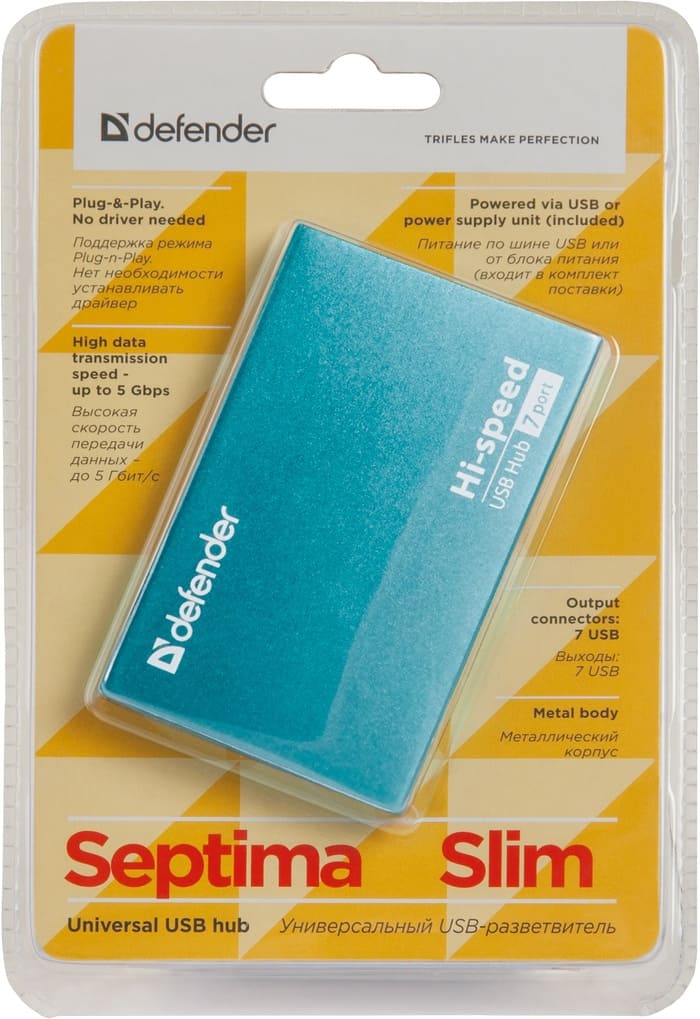картинка Разветвитель Defender Septima Slim, USB 2.0, 7 портов, голубой, 83505 от магазина Альфанит в Кунгуре