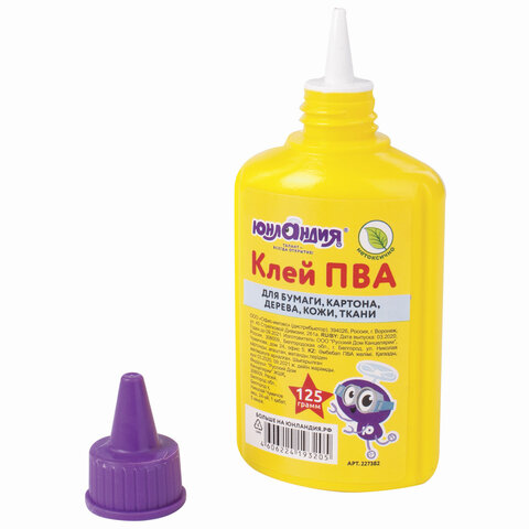 картинка Клей ПВА, 125 гр, с дозатором, бумага, дерево, картон, кожа, текстиль, фотографии, Юнландия, 227382 от магазина Альфанит в Кунгуре
