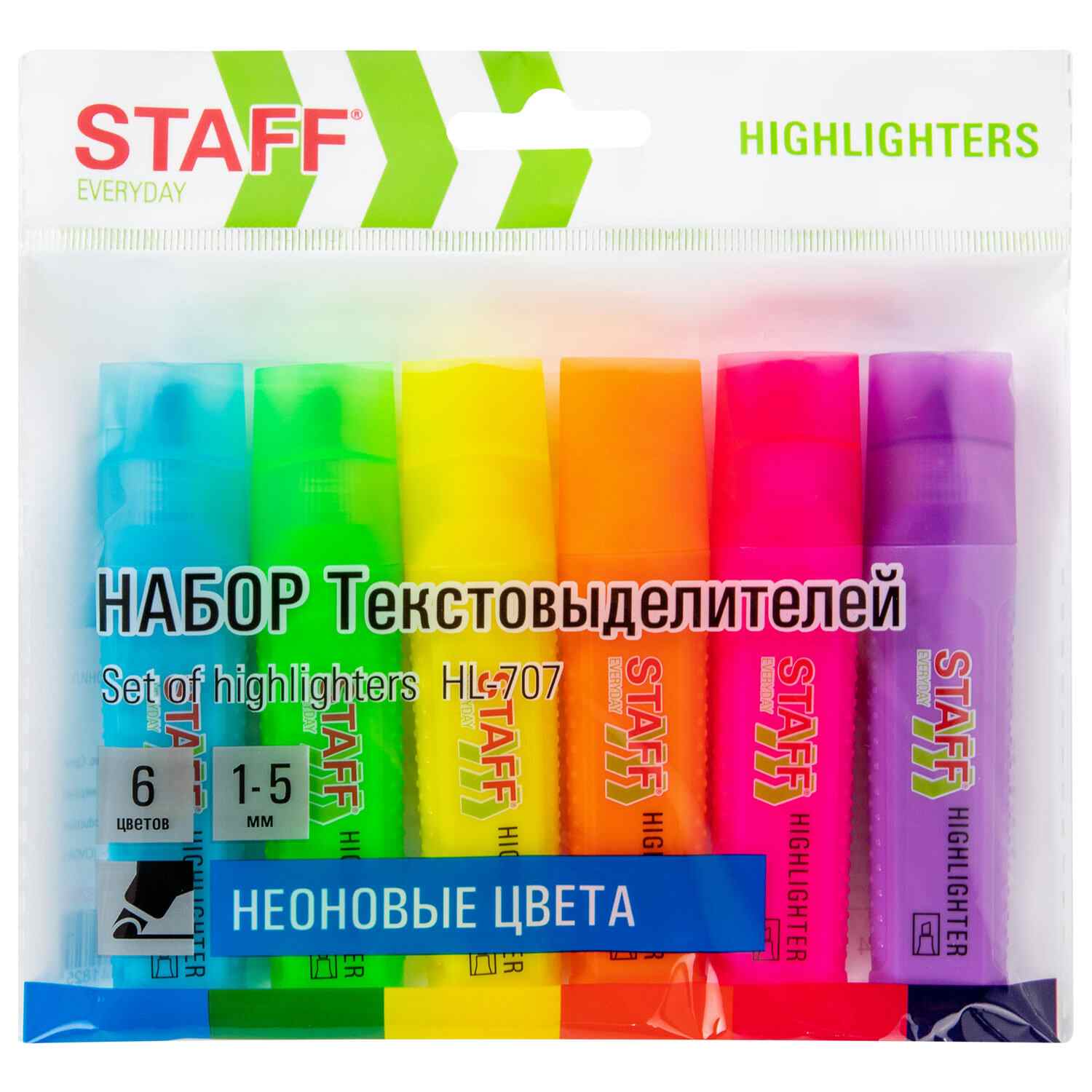 картинка Набор текстовыделителей, 6 шт, 6 цв, 1-5 мм, скошенный, неон, "Everyday hl-707", STAFF, 152550 от магазина Альфанит в Кунгуре