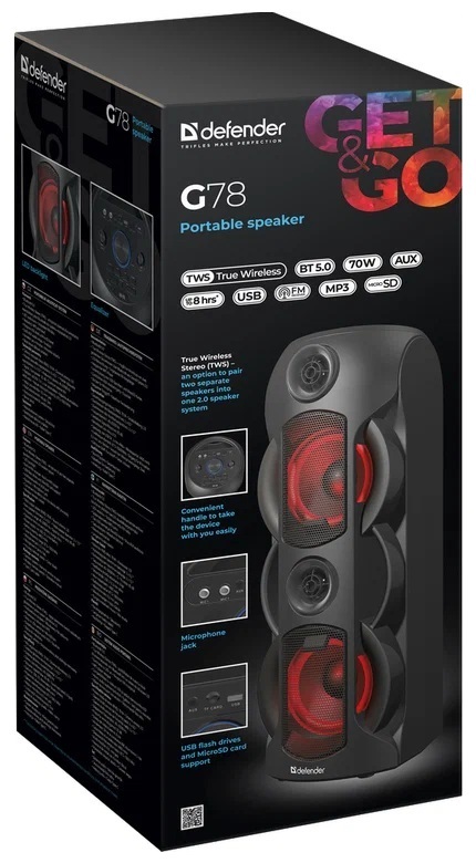 картинка Портативная колонка Defender G78, 70Вт, 4400мАч, Bluetooth, USB, радио, microSD, черный, MP3, 65178 от магазина Альфанит в Кунгуре