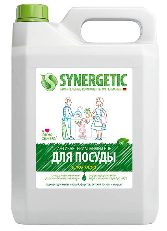 картинка Средство для мытья посуды, 5 л, гель, антибактер., канистра, "Алоэ", SYNERGETIC, 608276 от магазина Альфанит в Кунгуре