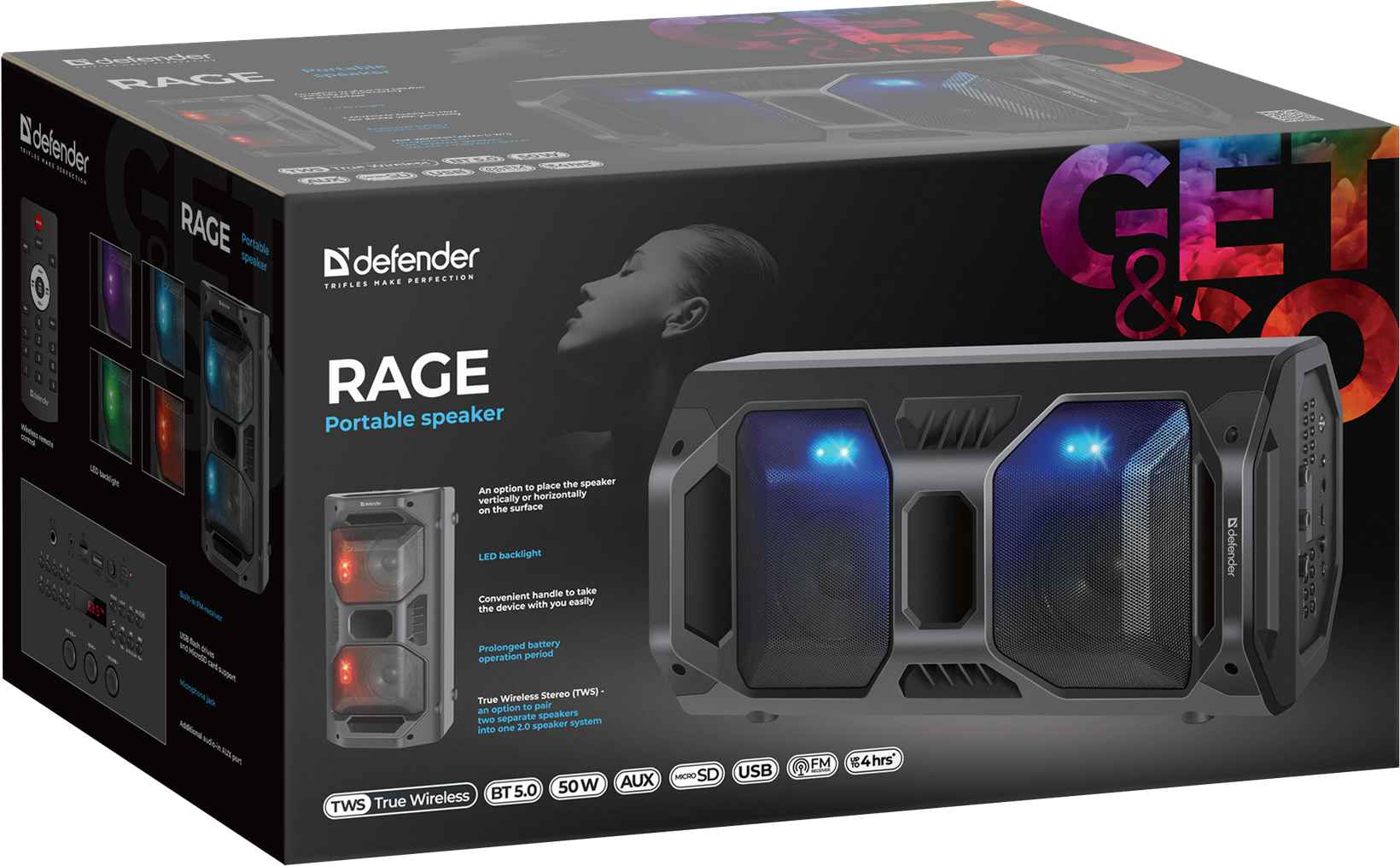 картинка Портативная колонка Defender Rage, 50Вт, 4000мАч, Bluetooth, USB, радио, microSD, черный, 65109 от магазина Альфанит в Кунгуре