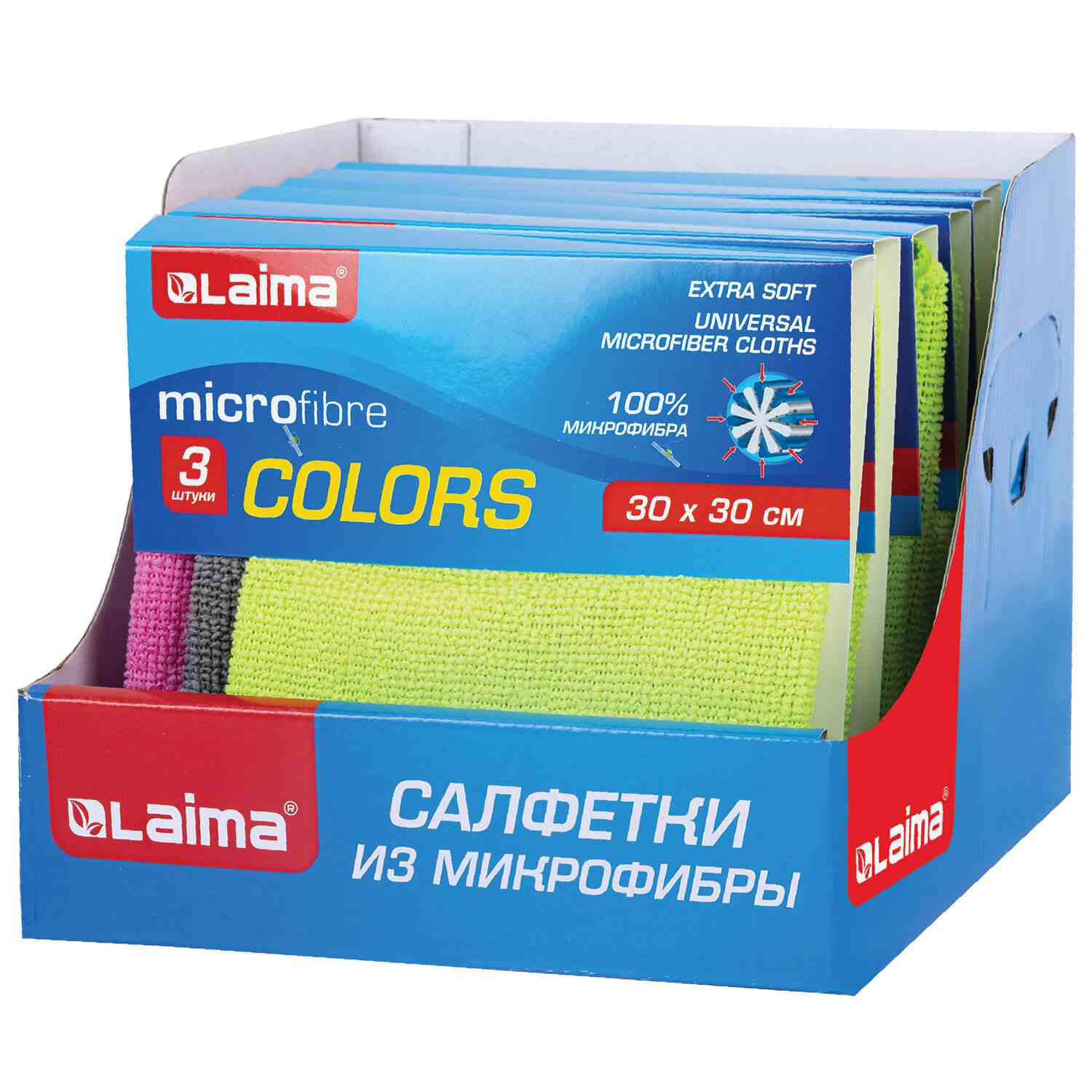 картинка Салфетки из микрофибры, 3 шт, 30*30 см, 180 г/м2, ассорти, LAIMA, 700054 от магазина Альфанит в Кунгуре