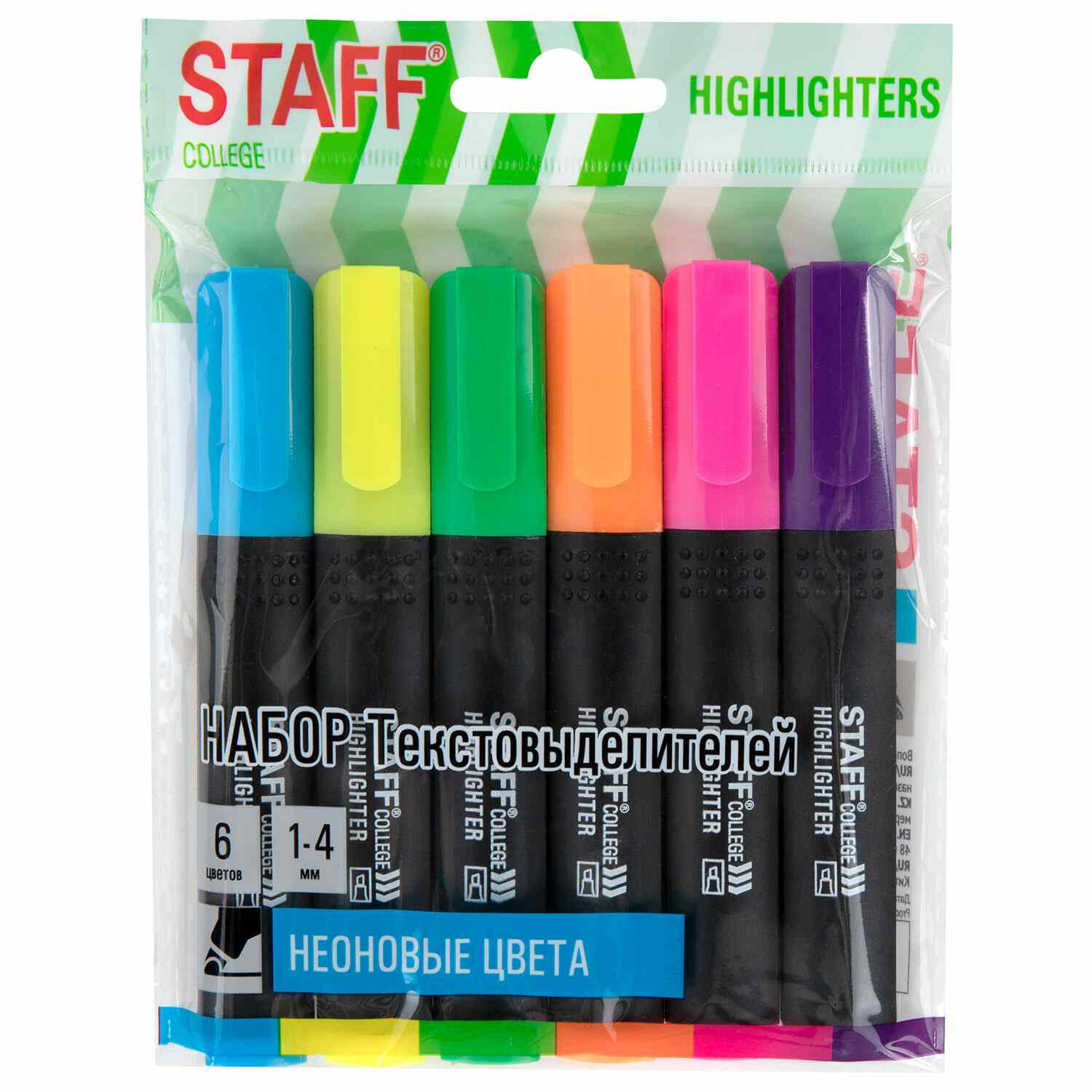 картинка Набор текстовыделителей, 6 шт, 6 цв, 1-4 мм, скошенный, "College stick neon", STAFF, 152534 от магазина Альфанит в Кунгуре