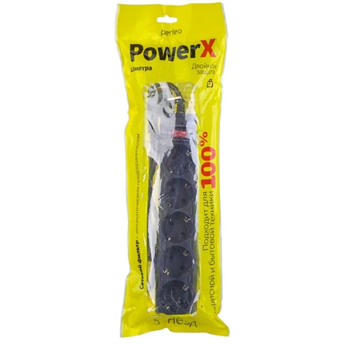 картинка Сетевой фильтр Perfeo PowerX, 5 розеток, 1,8 м, черный, выключатель, с заземлением, PF_A4714 от магазина Альфанит в Кунгуре