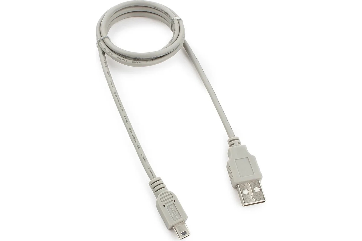 картинка Кабель интерфейсный для мобильных устройств Cablexpert USB A (M) — USB mini BМ, 0,9 м, серый, CC-USB2-AM5P-3-N от магазина Альфанит в Кунгуре