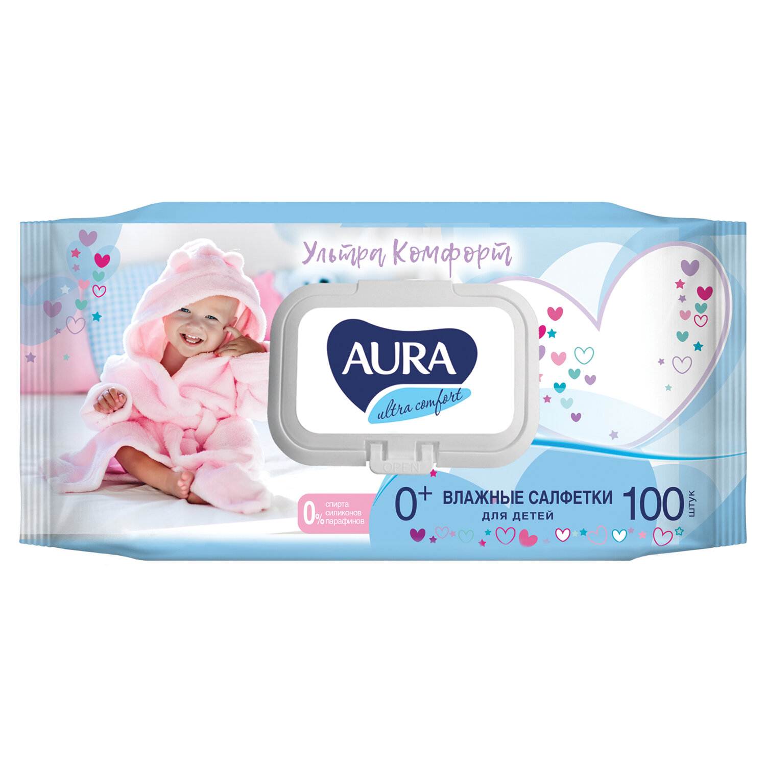 картинка Салфетки влажные детские, 100 шт, крышка-клапан, "Ультра комфорт", AURA, 127500 от магазина Альфанит в Кунгуре