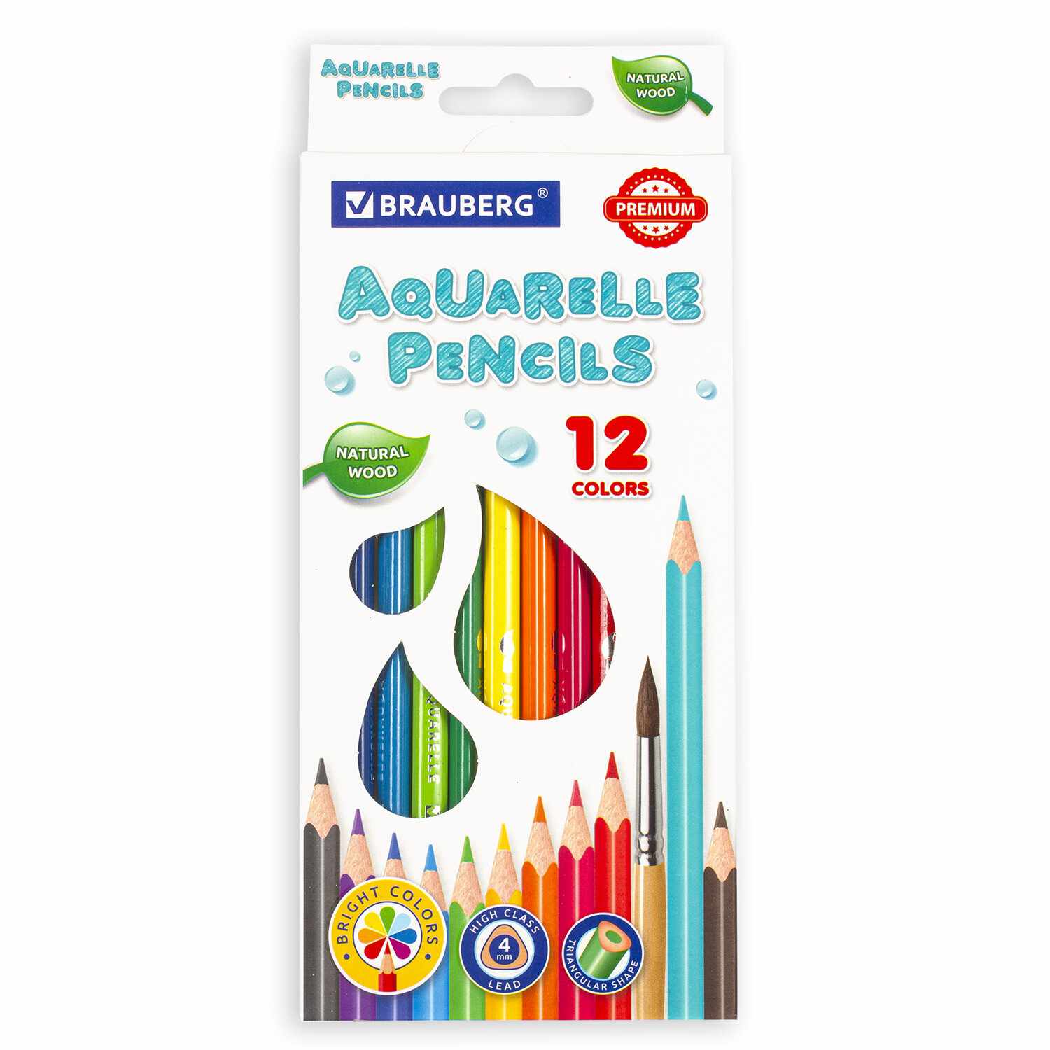 картинка Карандаши цветные акварельные, 12 цв, 12 шт, дерево, "Premium Aquarelle", BRAUBERG, 181671 от магазина Альфанит в Кунгуре
