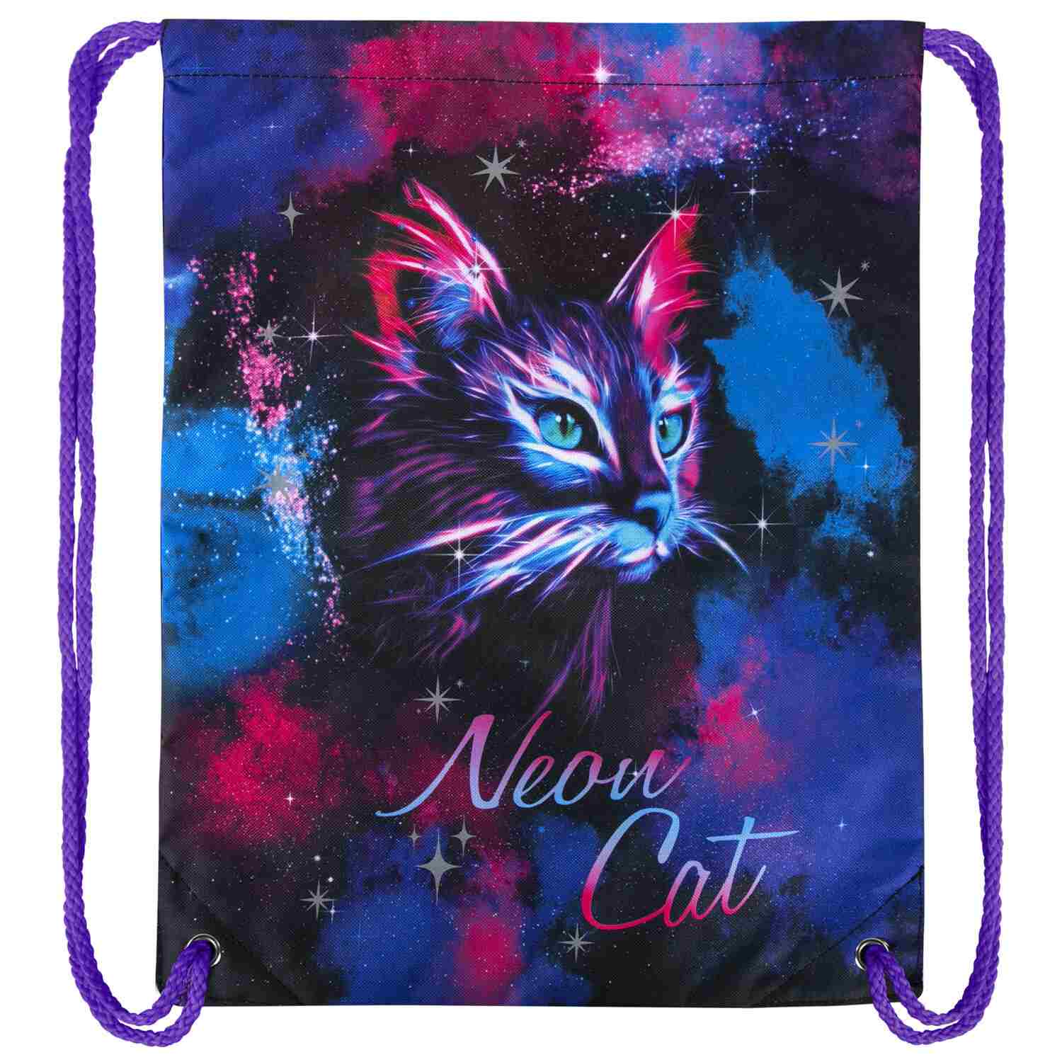 картинка Мешок для обуви, 1 отдел, 1 карман, 43*33 см, светоотражатель, "Neon cat", BRAUBERG KIDS, 271621 от магазина Альфанит в Кунгуре