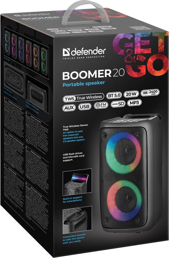 картинка Портативная колонка Defender Boomer, 20Вт, 2400мАч, Bluetooth, USB, радио, microSD, черный, 65820 от магазина Альфанит в Кунгуре