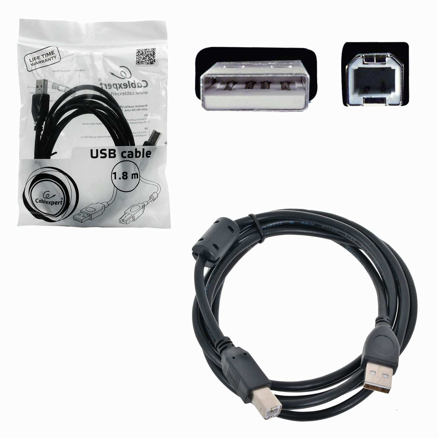 картинка Кабель соединительный для принтера Cablexpert Pro USB 2.0 AM — USB 2.0 BM, 1,8 м, черный, CCF-USB2-AMBM-6 от магазина Альфанит в Кунгуре