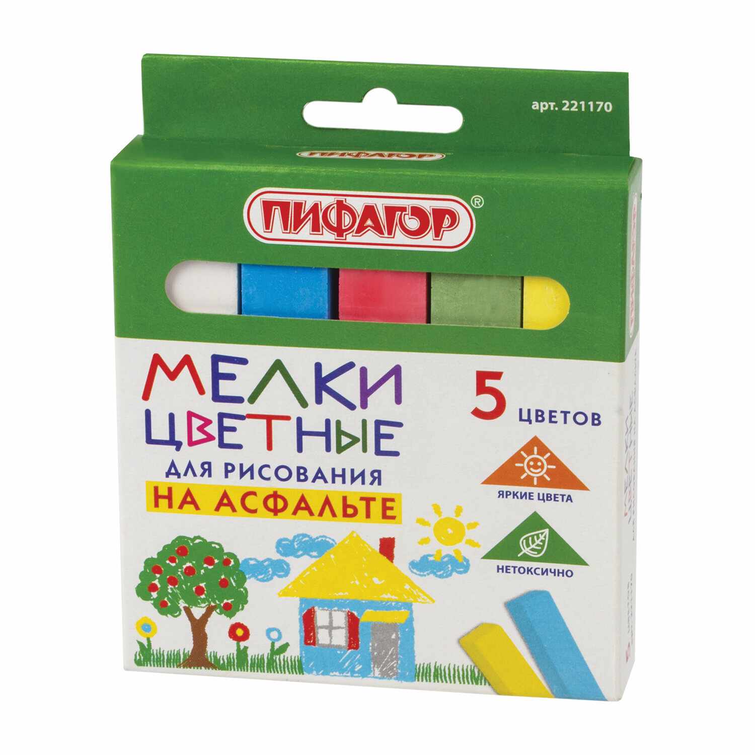 картинка Мел цветной, 5 шт, квадратный, для асфальта, в коробке, ПИФАГОР, 221170 от магазина Альфанит в Кунгуре