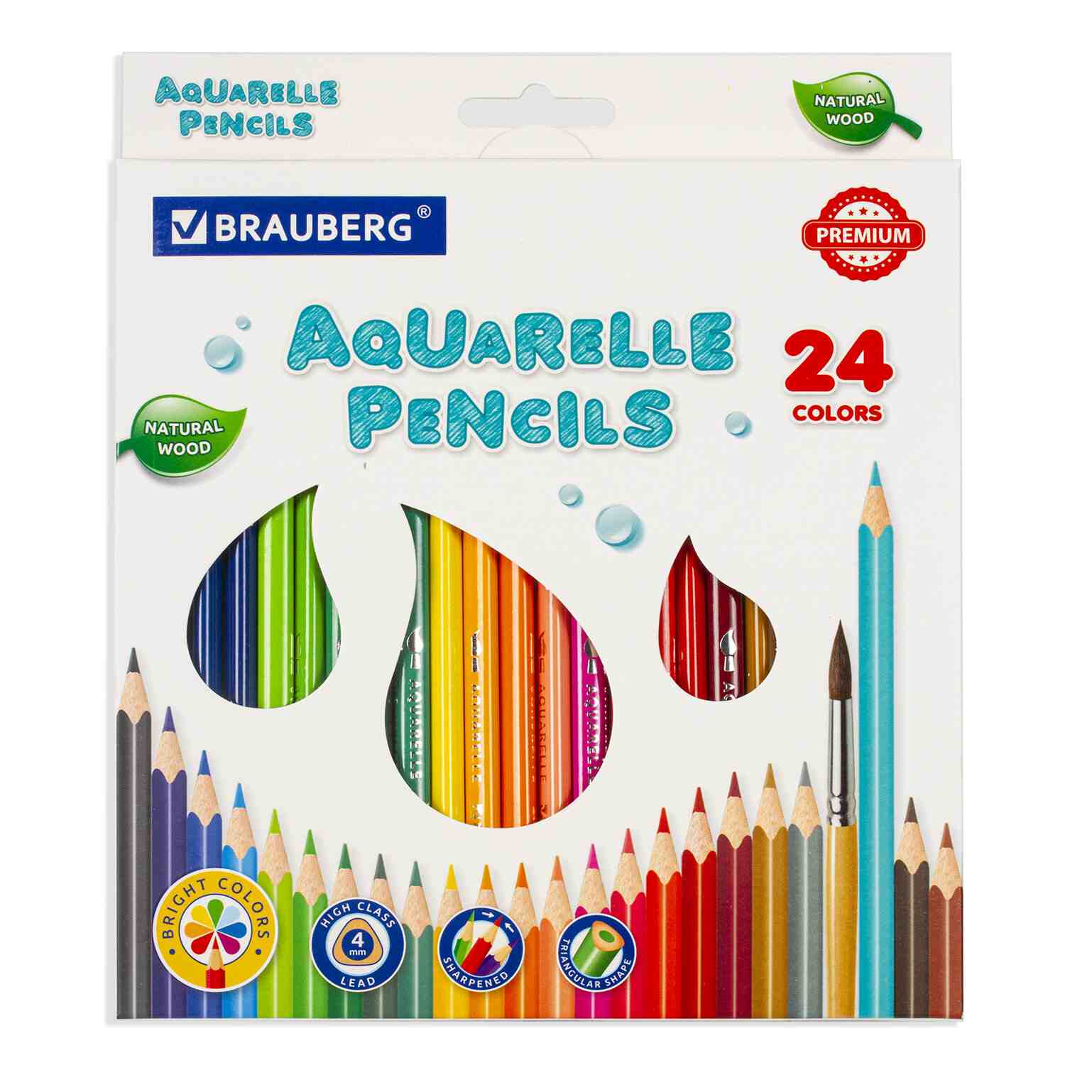 картинка Карандаши цветные акварельные, 24 цв, 24 шт, дерево, "Premium Aquarelle", BRAUBERG, 181673 от магазина Альфанит в Кунгуре