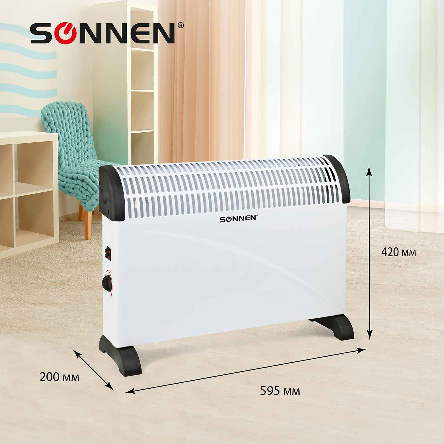 картинка Обогреватель конвектор SONNEN Y-01S, 2000 Вт, белый/черный, 455309 от магазина Альфанит в Кунгуре