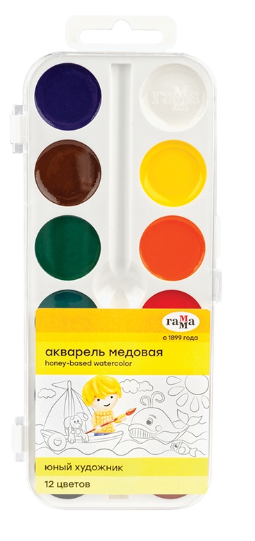 картинка Краски акварельные, 12 цв, 12 шт, медовая, без кисти, "Юный художник", Гамма, 212071 от магазина Альфанит в Кунгуре