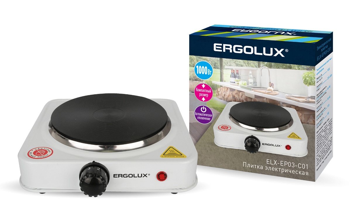 картинка Электроплита Ergolux ELX-EP03-C01, 1000Вт, на 1 конфорку, диск, белый, 13438 от магазина Альфанит в Кунгуре