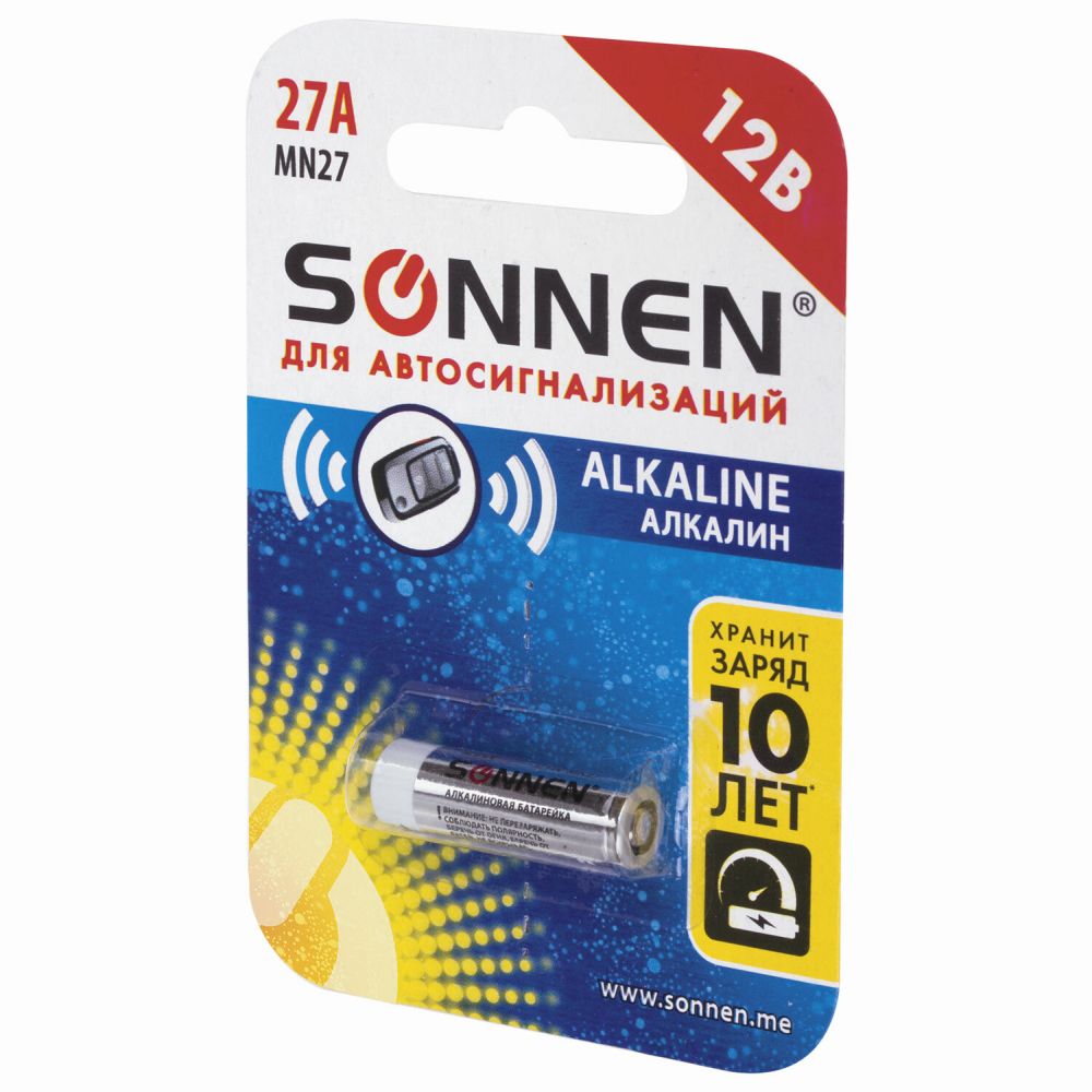 картинка Батарейка 27А, 1*BI, для сигнализаций, SONNEN Alkaline, 451976 от магазина Альфанит в Кунгуре