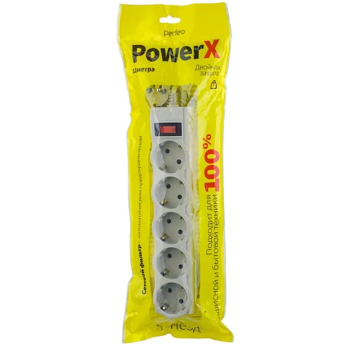 картинка Сетевой фильтр Perfeo PowerX, 5 розеток, 1,8 м, серый, выключатель, с заземлением, PF_A4715 от магазина Альфанит в Кунгуре