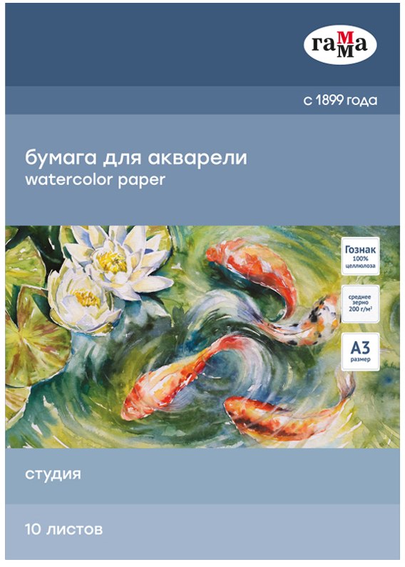 картинка Папка для акварели, А3, 10 л, 200 г/м2, среднее зерно, "Студия", Гамма, 30C03F710W от магазина Альфанит в Кунгуре