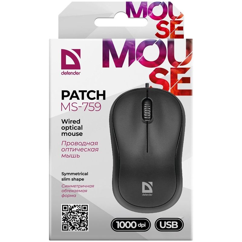 картинка Мышь проводная Defender Patch MS-759, 1000 dpi, USB, черный, 52759 от магазина Альфанит в Кунгуре
