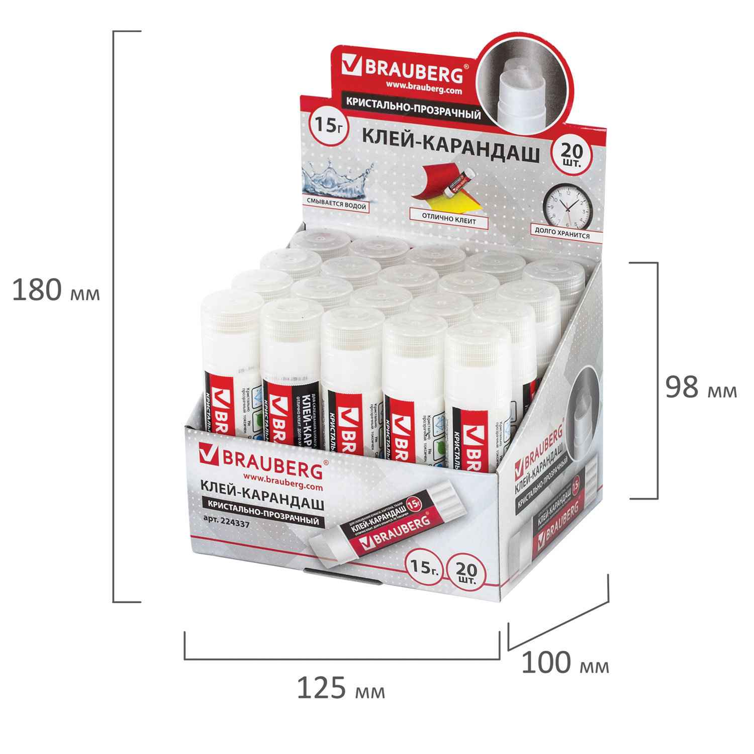картинка Клей-карандаш, 15 гр, прозрачный, "Crystal", BRAUBERG, 224337 от магазина Альфанит в Кунгуре