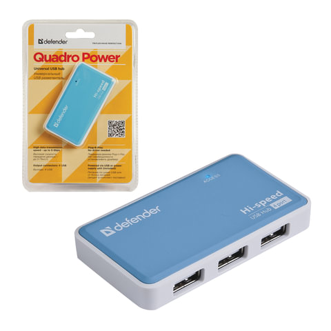 картинка Разветвитель Defender Quadro Power, USB 2.0, 4 порта, белый/голубой, 83503 от магазина Альфанит в Кунгуре
