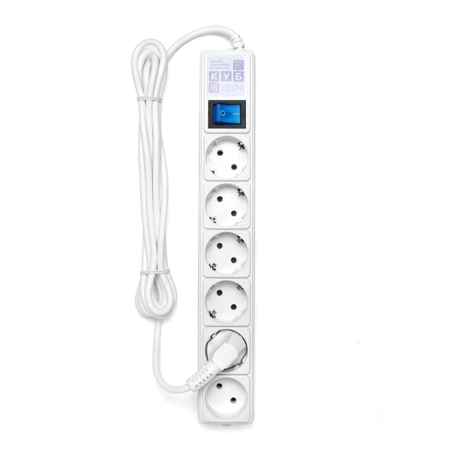 картинка Сетевой фильтр Cube Power, 6 розеток, 3,0 м, белый, выключатель, с заземлением, SPG(5+1)-16B-3М от магазина Альфанит в Кунгуре
