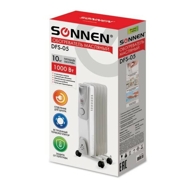 картинка Обогреватель масляный SONNEN DFS-05, 1000 Вт, 453497 от магазина Альфанит в Кунгуре