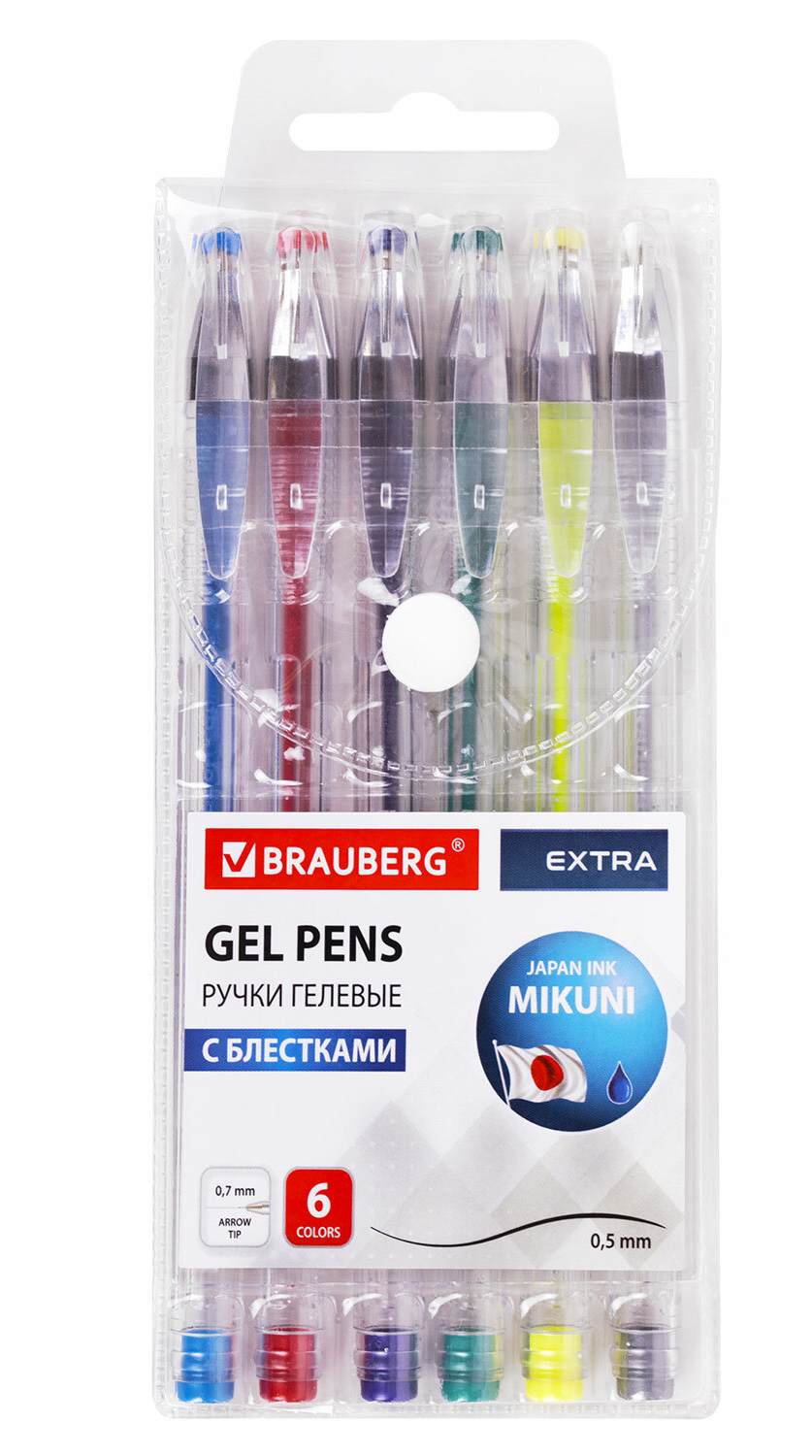 картинка Набор гелевых ручек, 6 шт, 6 цв, 0,7 мм, с блестками, "EXTRA", BRAUBERG, 143908 от магазина Альфанит в Кунгуре