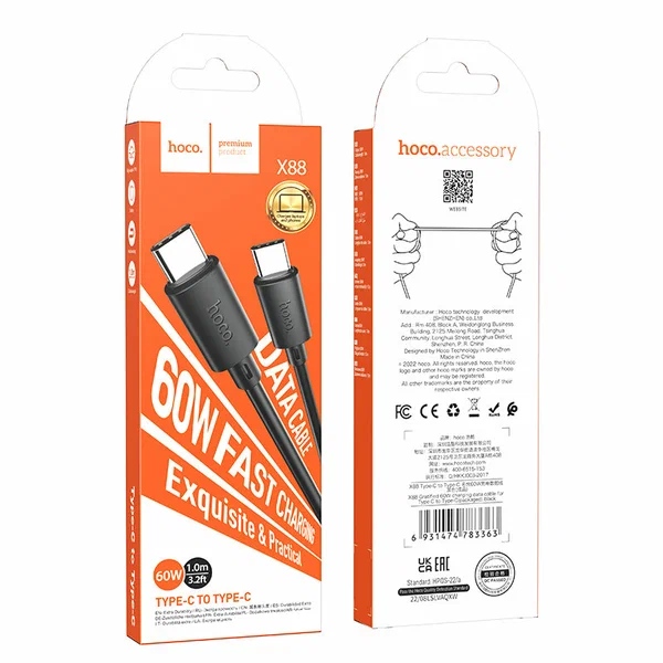 картинка Кабель зарядный Hoco X88 USB Type C — USB Type C, 1,0 м, черный, 0L-00056439 от магазина Альфанит в Кунгуре