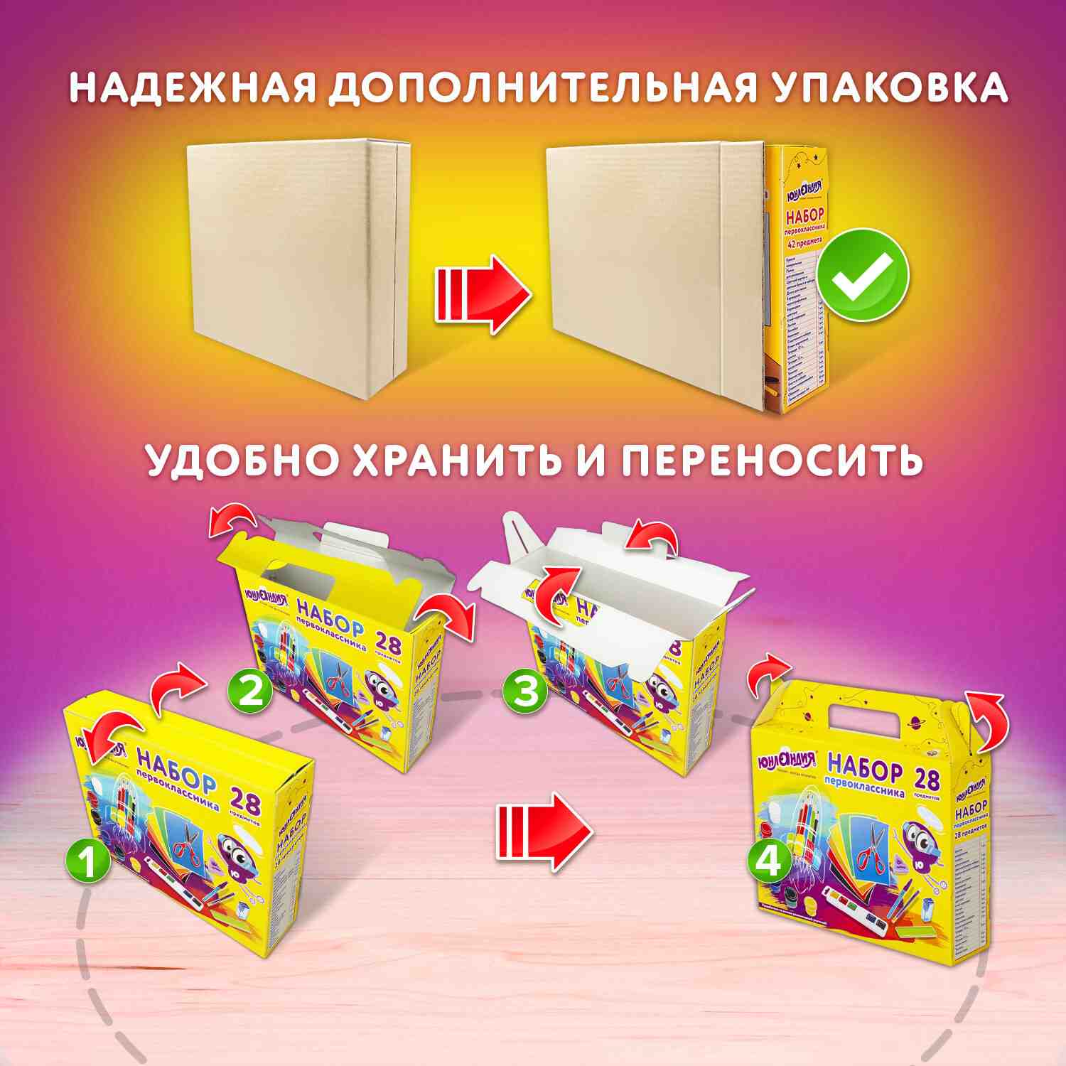 картинка Набор для первоклассника, 28 предметов, в коробке, Юнландия, 880119 от магазина Альфанит в Кунгуре