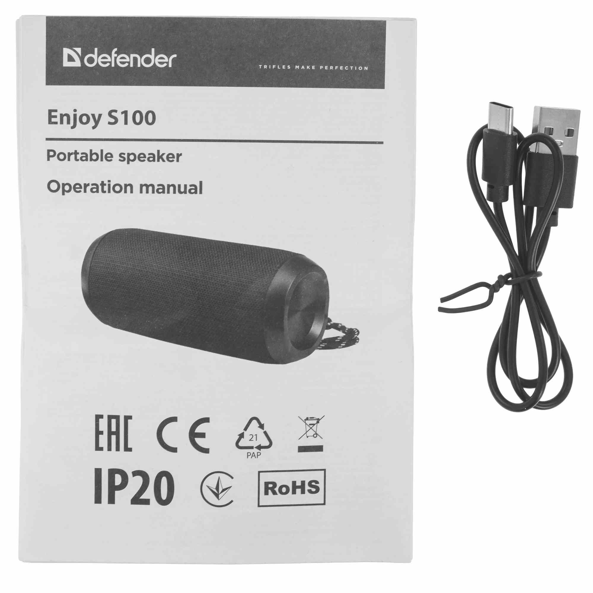 картинка Портативная колонка Defender Enjoy S100, 5Вт, 1200мАч, Bluetooth, USB, радио, microSD, черный, 65101 от магазина Альфанит в Кунгуре
