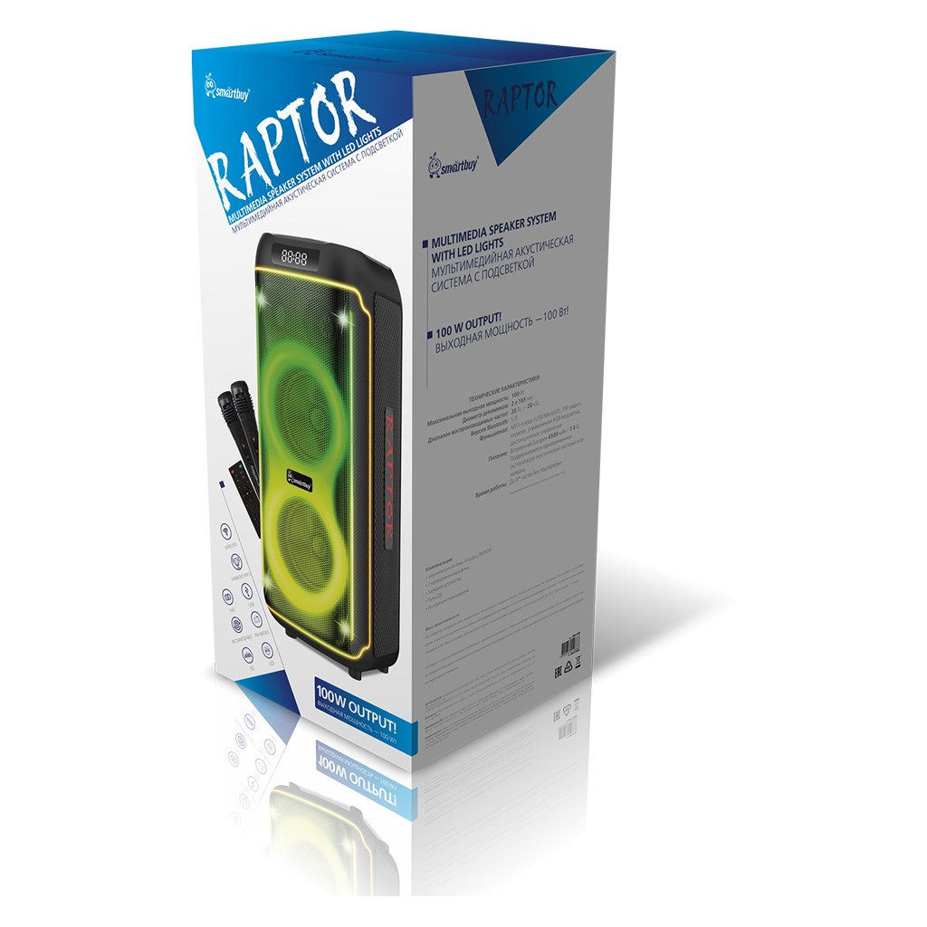картинка Портативная колонка SmartBuy 5760 Raptor, 100Вт, 4500мАч, Bluetooth, USB, радио, SBS-5760 от магазина Альфанит в Кунгуре