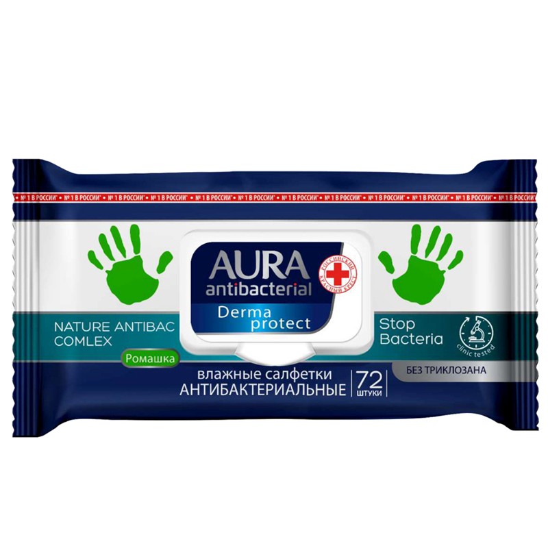 картинка Салфетки влажные, 72 шт, с крышкой, антибактериальные, "Derma Protect", AURA от магазина Альфанит в Кунгуре