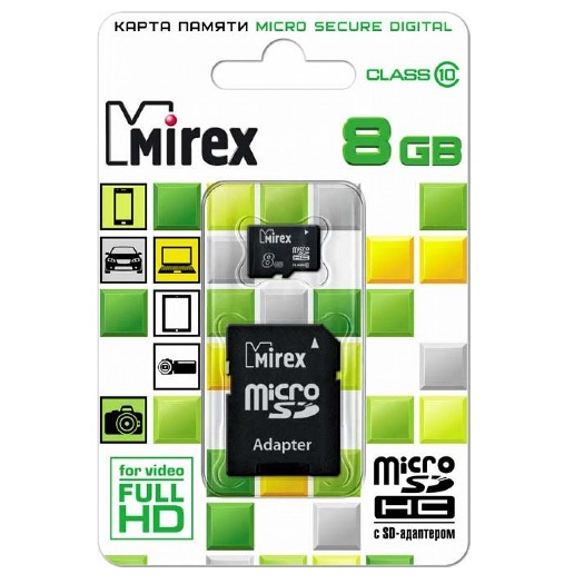 картинка Карта памяти micro-SDHC Mirex 8 GB Class 10, с адаптером, 13613-AD10SD08 от магазина Альфанит в Кунгуре