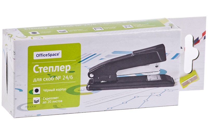 картинка Степлер № 24, на 20 л, черный, металлический корпус, OfficeSpace, St_1868BK от магазина Альфанит в Кунгуре