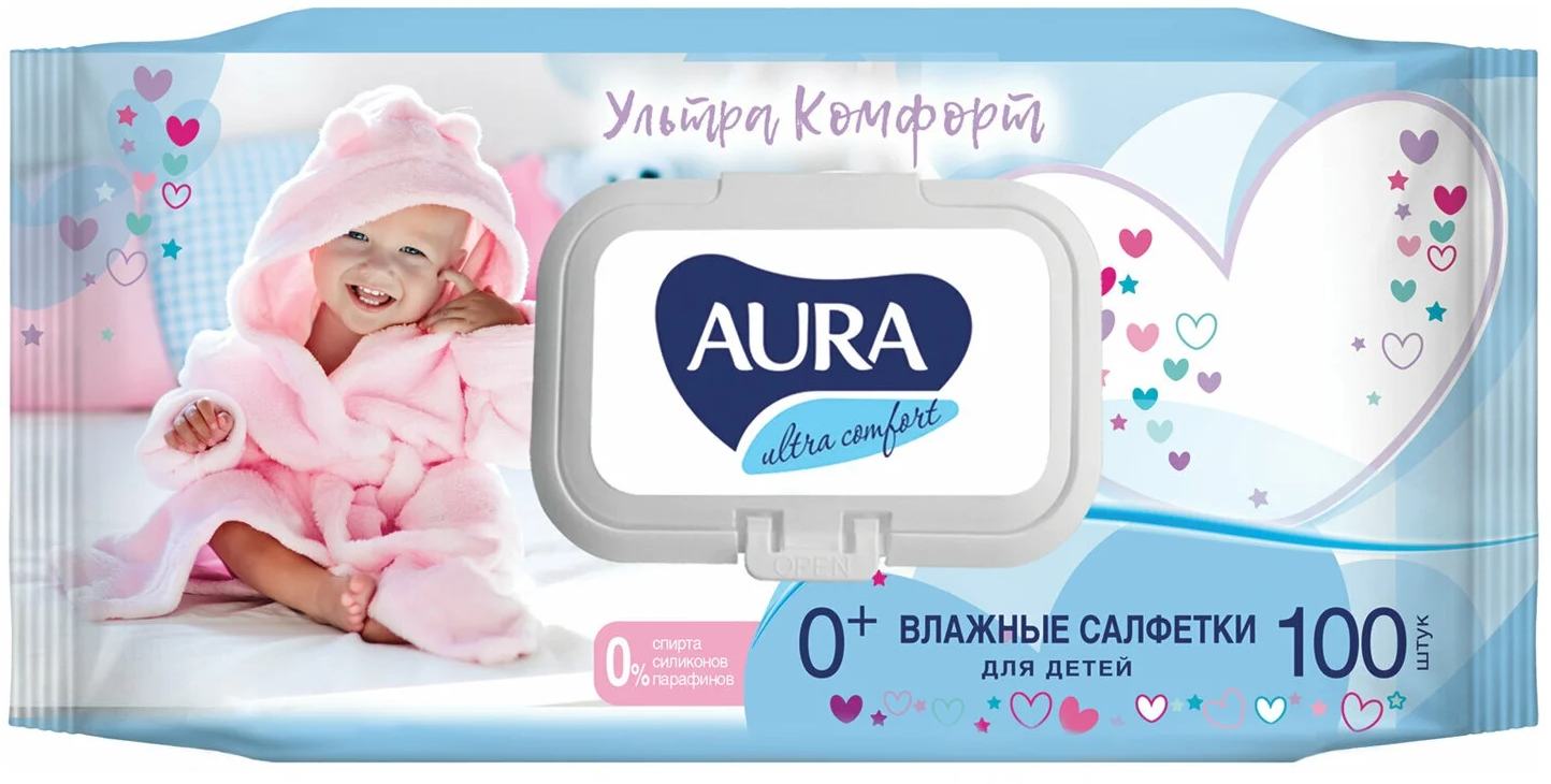 картинка Салфетки влажные детские, 100 шт, крышка-клапан, "Ультра комфорт", AURA, 127500 от магазина Альфанит в Кунгуре