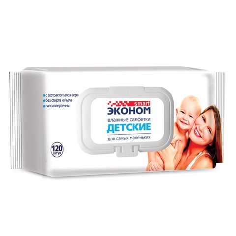 картинка Салфетки влажные, 120 шт, детские, "Алоэ", SMART ЭКОНОМ, 01081 от магазина Альфанит в Кунгуре