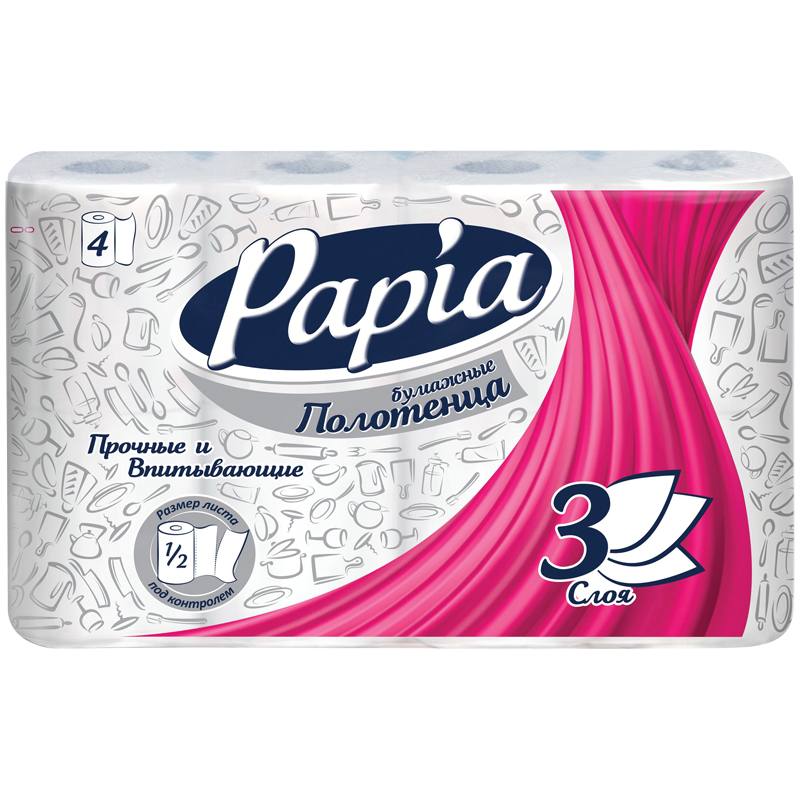 картинка Полотенца бумажные, 4 шт, 3 слоя, цвет белый, PAPIA, 5062170/5048044/5081506 от магазина Альфанит в Кунгуре