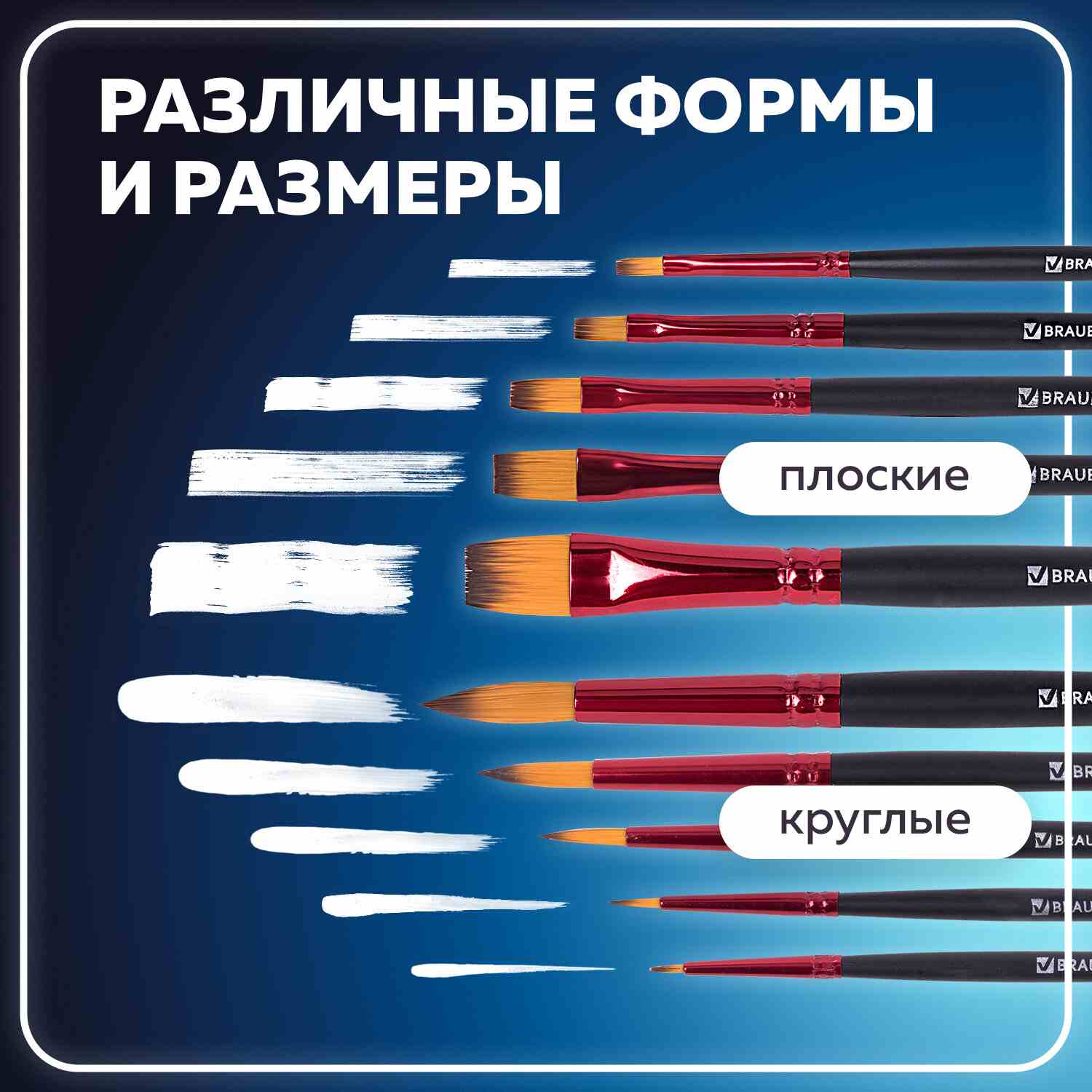 картинка Набор кистей 10 шт, № 1, 2, 2, 3, 4, 5, 6, 8, 10, синтетика, круглые и плоские, короткая ручка, "Premium", BRAUBERG, 201027 от магазина Альфанит в Кунгуре