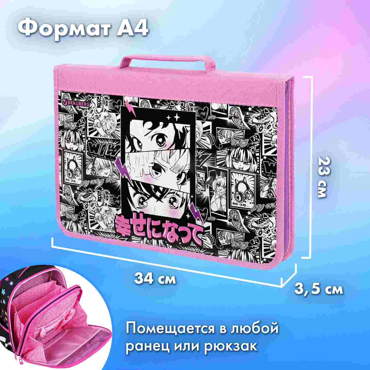 картинка Папка для труда и тетрадей, А4, 1 отдел, с ручками, на молнии, органайзер, "Anime movie", BRAUBERG, 272216 от магазина Альфанит в Кунгуре