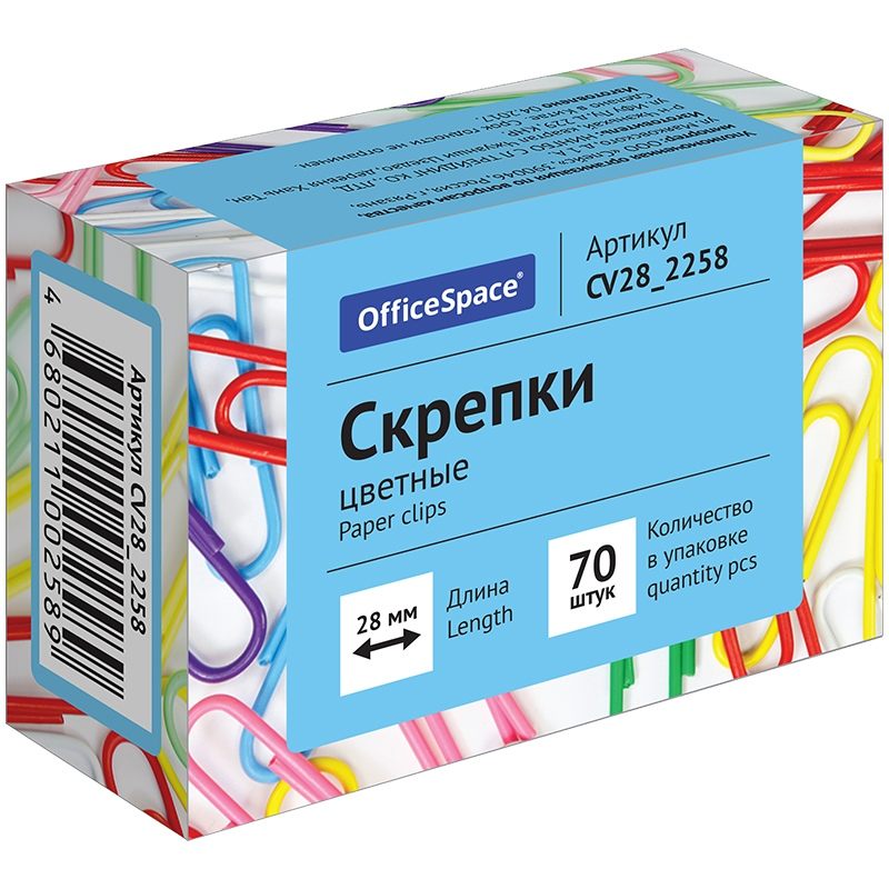 картинка Скрепки 28 мм, 70 шт, овальные, цветные, OfficeSpace, CV28_2258 от магазина Альфанит в Кунгуре
