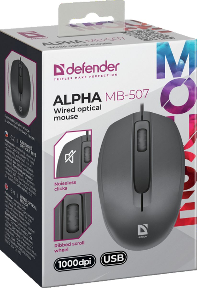 картинка Мышь проводная бесшумная Defender Alpha MB-507, 1000 dpi, черный, 52507 от магазина Альфанит в Кунгуре