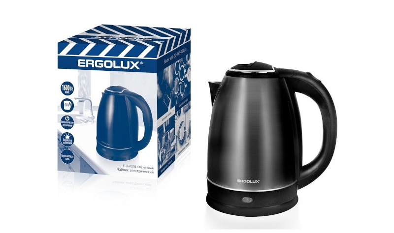 картинка Чайник электрический Ergolux ELX-KS05-C02, 1,8л, 1600Вт, сталь, черный, 14925 от магазина Альфанит в Кунгуре