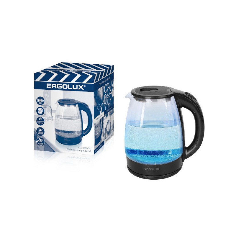 картинка Чайник электрический Ergolux ELX-KG06-C02, 1,8 л, стекло, черный, 14923 от магазина Альфанит в Кунгуре